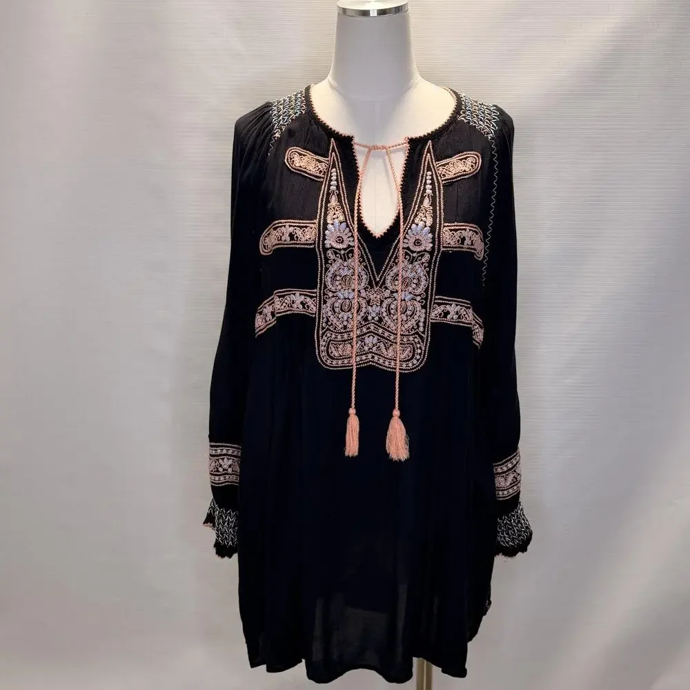 Free People Dress Womens Small Black Embroidered Boho Mini Tunic OB770136